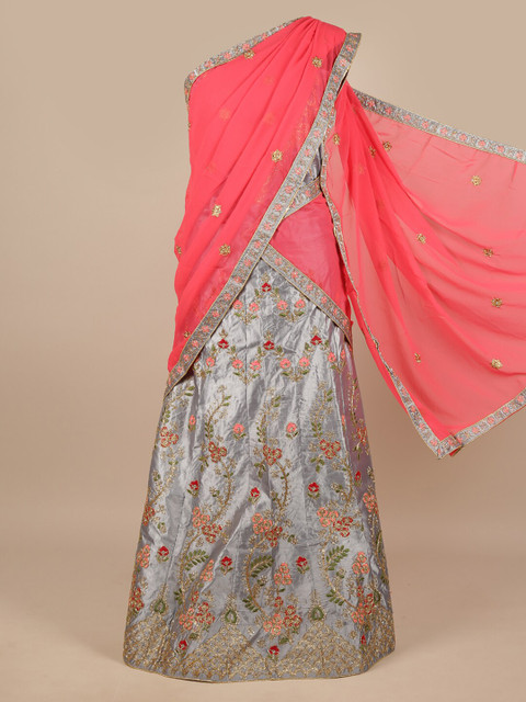 

Pothys Pink & Grey Embroidered Zardozi Unstitched Lehenga & Blouse With Dupatta