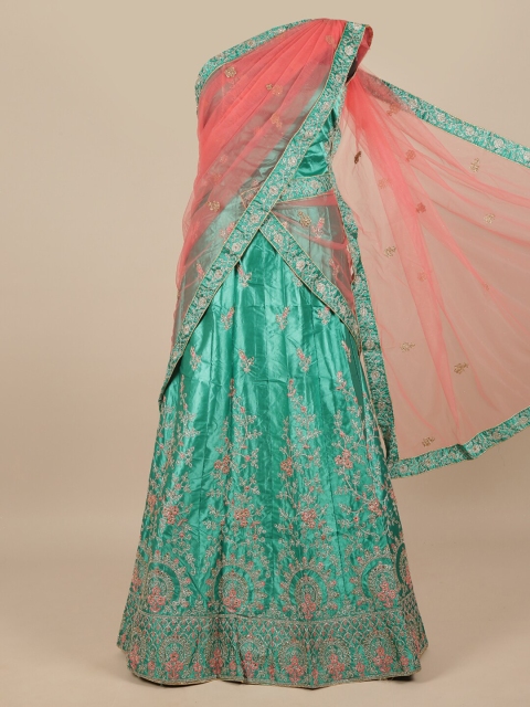 

Pothys Pink & Green Embroidered Unstitched Lehenga & Blouse With Dupatta