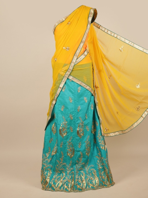 

Pothys Yellow & Blue Embroidered Unstitched Lehenga & Blouse With Dupatta