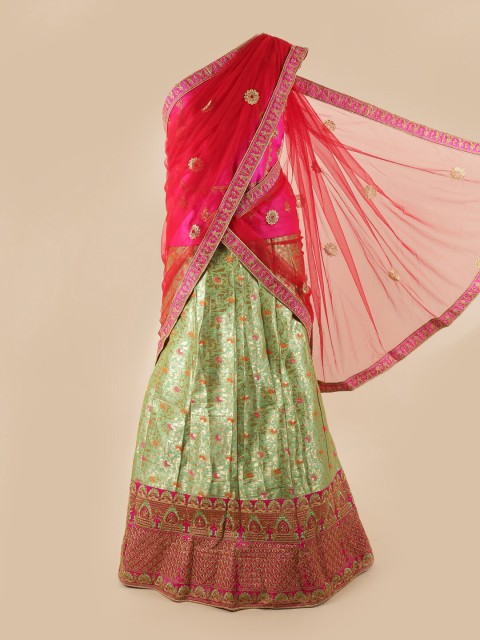 

Pothys Red & Green Embroidered Unstitched Lehenga & Blouse With Dupatta