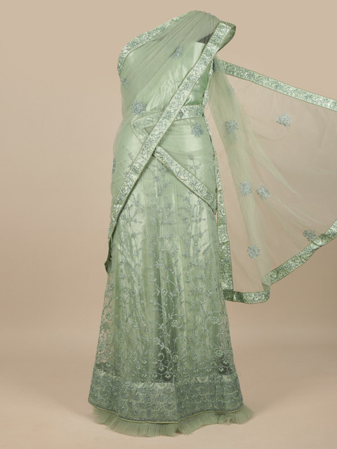 

Pothys Green & Silver-Toned Embroidered Zardozi Unstitched Lehenga & Blouse With Dupatta