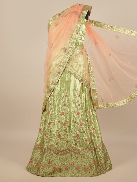 

Pothys Peach-Coloured & Green Embroidered Unstitched Lehenga & Blouse With Dupatta