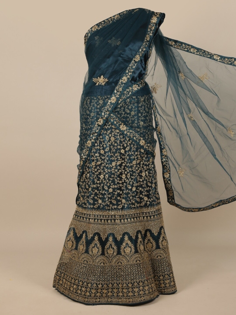 

Pothys Women Teal & Gold Embroidered Unstitched Lehenga Choli With Dupatta