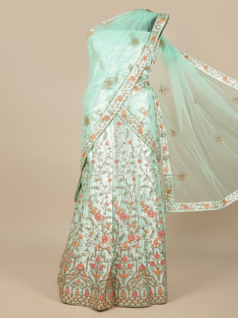 

Pothys Woman Blue & Orange Embroidered Unstitched Lehenga & Blouse With Dupatta