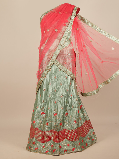 

Pothys Pink & Green Embroidered Beads and Stones Unstitched Lehenga & Blouse With Dupatta