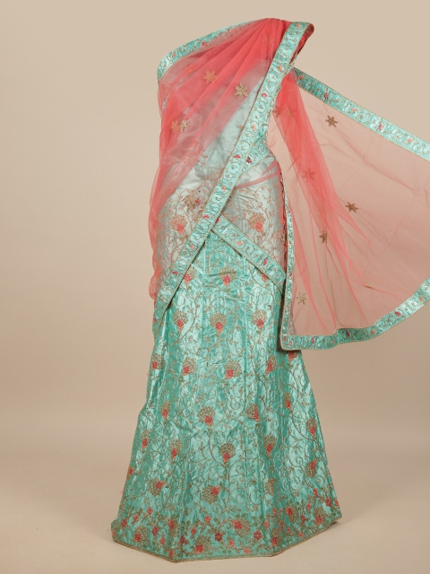 

Pothys Pink & Blue Embroidered Unstitched Lehenga & Blouse With Dupatta