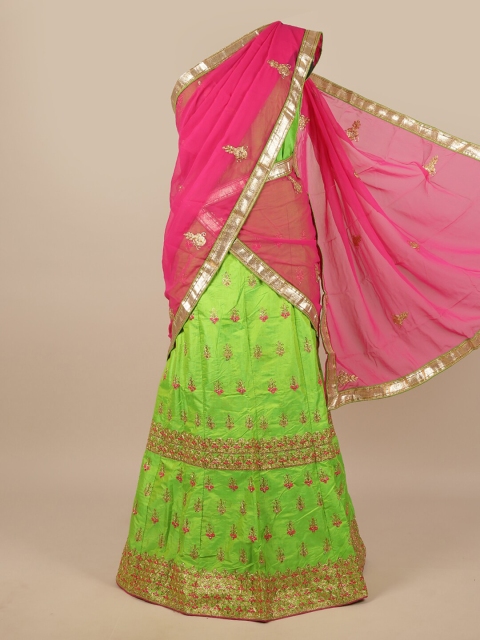 

Pothys Magenta & Green Embroidered Zardozi Unstitched Lehenga & Blouse With Dupatta