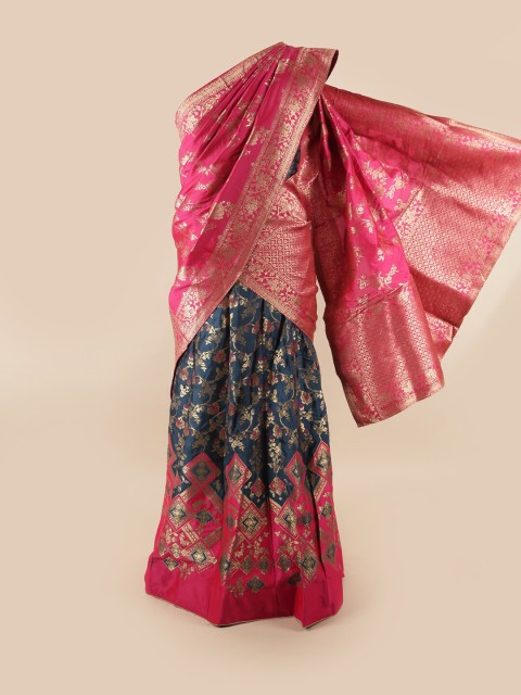 

Pothys Pink & Blue Unstitched Lehenga & Blouse With Dupatta