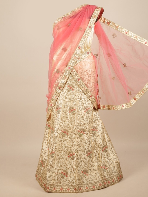 

Pothys Pink & Cream-Coloured Embroidered Unstitched Net Lehenga & Blouse With Dhavani