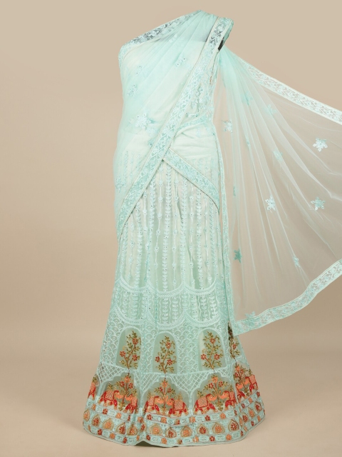 

Pothys Blue & Orange Embroidered Unstitched Lehenga & Blouse With Dupatta