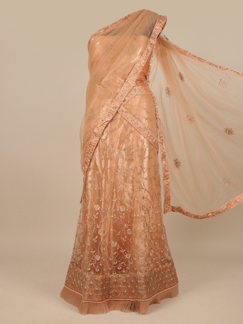 

Pothys Peach-Coloured & Gold-Toned Embellished Unstitched Lehenga & Blouse With Dupatta