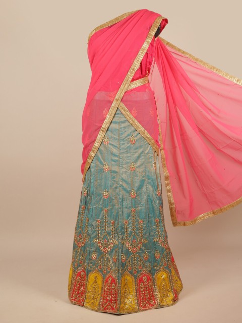 

Pothys Pink & Gold-Toned Embroidered Unstitched Lehenga & Blouse With Dupatta