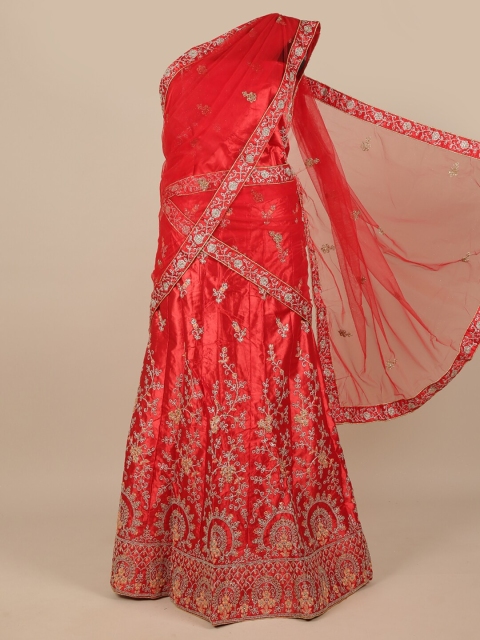 

Pothys Red & Silver-Toned Embroidered Unstitched Lehenga & Blouse With Dupatta