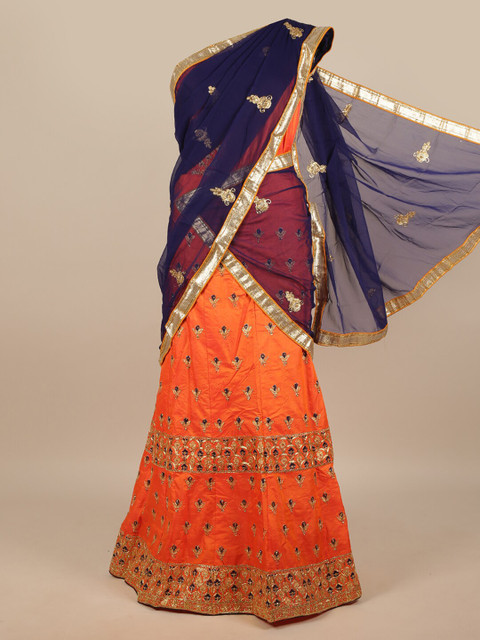 

Pothys Blue & Orange Embroidered Thread Work Unstitched Lehenga & Blouse With Dupatta
