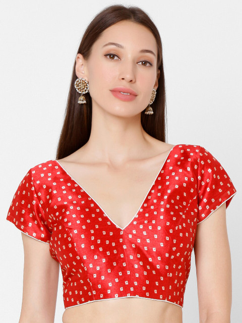 

SALWAR STUDIO Red & White Bhandej Printed Readymade Saree Blouse
