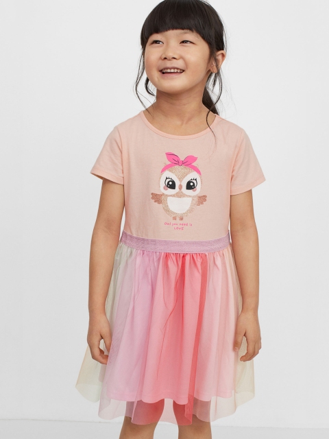 

H&M Peach-Coloured Printed Pure Cotton Tulle-Skirt Jersey Dress