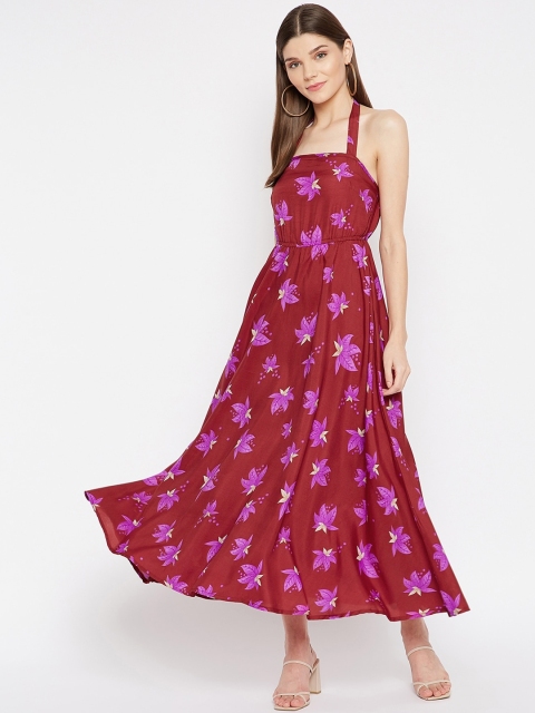 

U&F Maroon & Pink Floral Halter Neck Crepe Maxi Dress