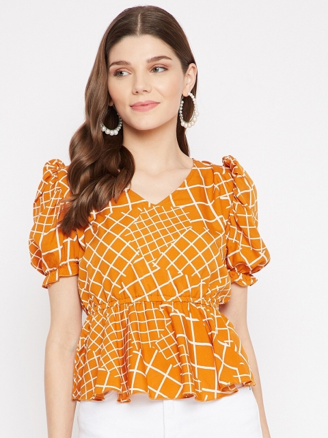 

U&F Yellow & White Checked Crepe Cinched Waist Top