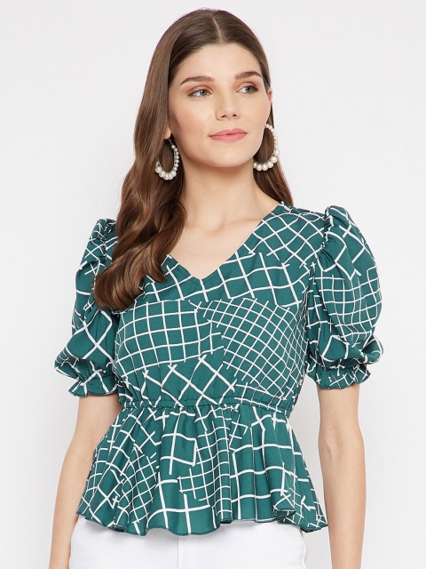 

U&F Green & White Checked Crepe Peplum Top