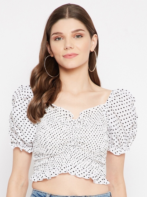 

U&F Women White & Black Sweetheart Neck Polka Dots Printed Crepe Bardot Crop Top