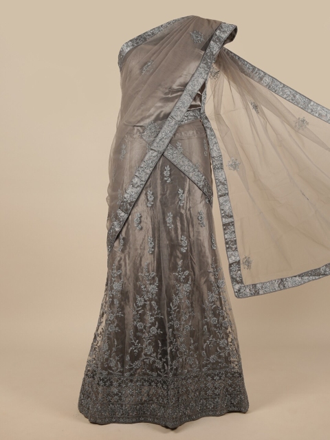 

Pothys Woman Grey & Silver-Toned Embroidered Unstitched Lehenga & Blouse With Dupatta