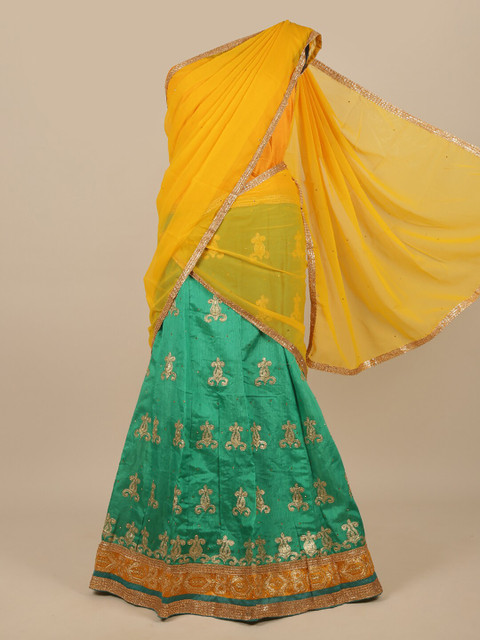 

Pothys Yellow & Green Embroidered Thread Work Unstitched Lehenga & Blouse With Dupatta