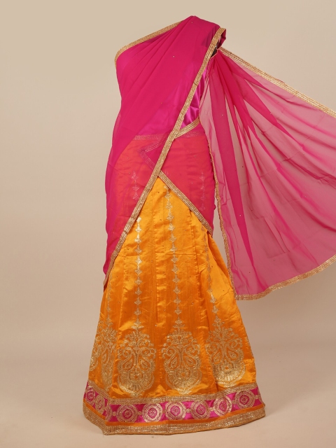 

Pothys Pink & Mustard Embroidered Unstitched Lehenga & Blouse With Dupatta