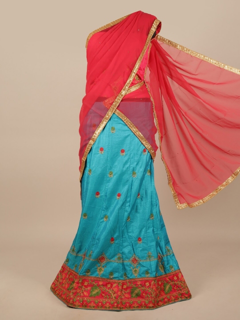 

Pothys Pink & Blue Embroidered Unstitched Lehenga & Blouse With Dhavani