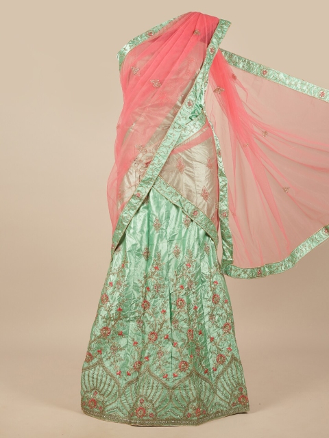 

Pothys Pink & Green Embroidered Zardozi Unstitched Lehenga & Blouse With Dupatta