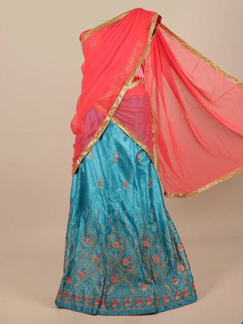 

Pothys Blue & Pink Embroidered Unstitched Lehenga & Blouse With Dupatta