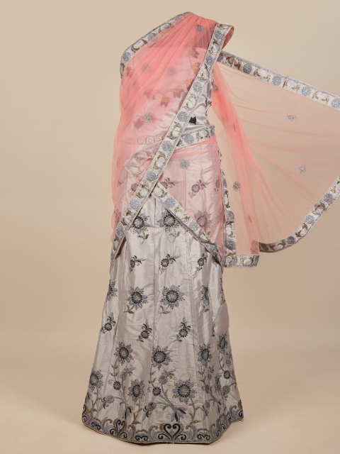 

Pothys Pink & Grey Embroidered Thread Work Unstitched Lehenga & Blouse With Dupatta