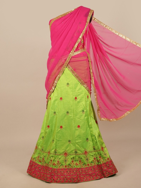 

Pothys Pink & Green Embroidered Unstitched Lehenga & Blouse With Dupatta