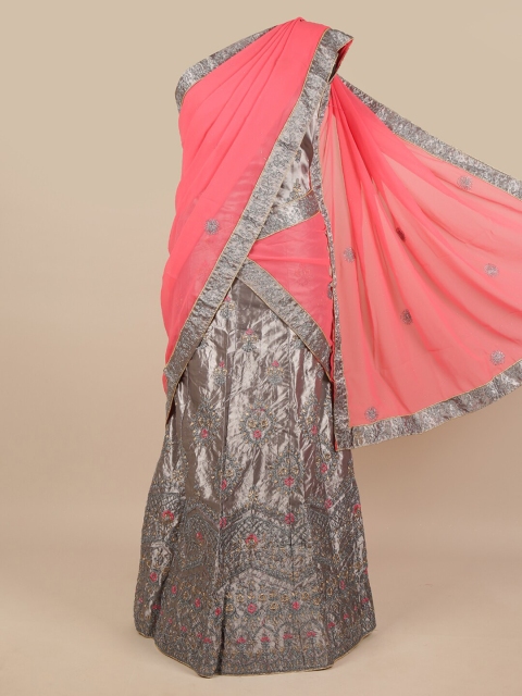 

Pothys Pink & Grey Embroidered Unstitched Lehenga & Blouse With Dupatta