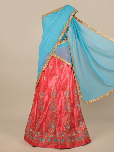 

Pothys Woman Blue & Pink Embroidered Unstitched Lehenga & Blouse With Dupatta