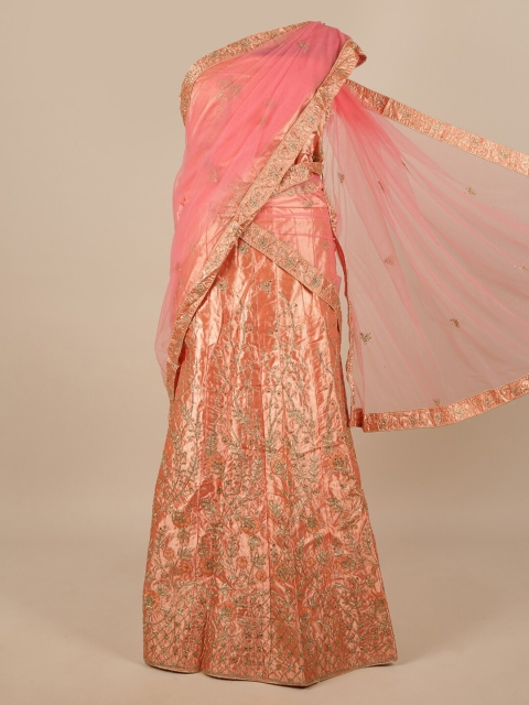 

Pothys Pink & Gold-Toned Embroidered Unstitched Lehenga & Blouse With Dupatta