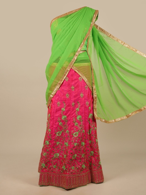 

Pothys Green & Pink Embroidered Unstitched Lehenga & Blouse With Dupatta