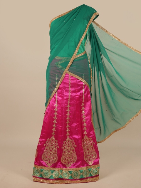 

Pothys Green & Pink Embroidered Unstitched Lehenga & Choli With Dupatta