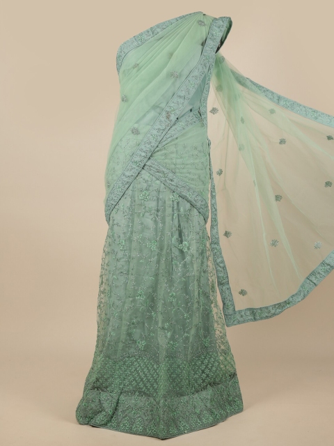 

Pothys Green & Silver-Toned Embroidered Unstitched Lehenga & Blouse With Dupatta