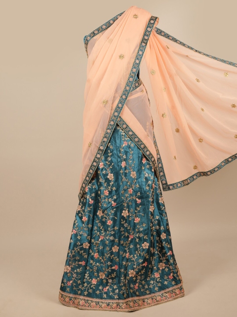 

Pothys Peach-Coloured & Green Embroidered Unstitched Lehenga & Blouse With Dupatta