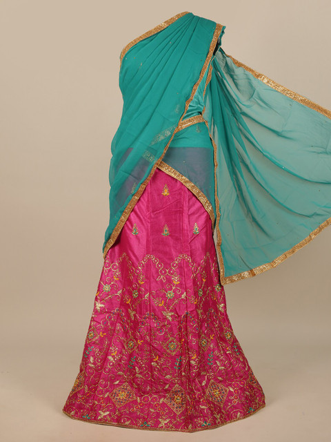 

Pothys Green &Pink Embroidered Unstitched Lehenga & Blouse With Dupatta