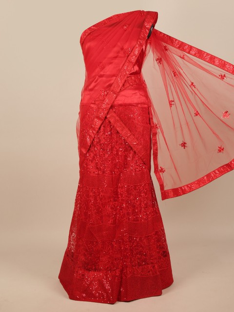 

Pothys Woman Red Embroidered Unstitched Lehenga & Blouse With Dupatta
