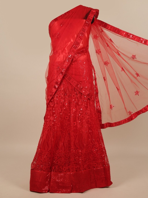 

Pothys Red Embellished Unstitched Lehenga & Blouse With Dupatta