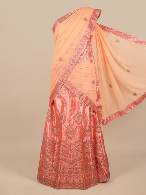 

Pothys Peach-Coloured & Gold-Toned Embroidered Unstitched Lehenga & Blouse With Dupatta