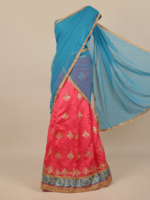 

Pothys Blue & Gold-Toned Embroidered Unstitched Lehenga & Blouse With Dupatta