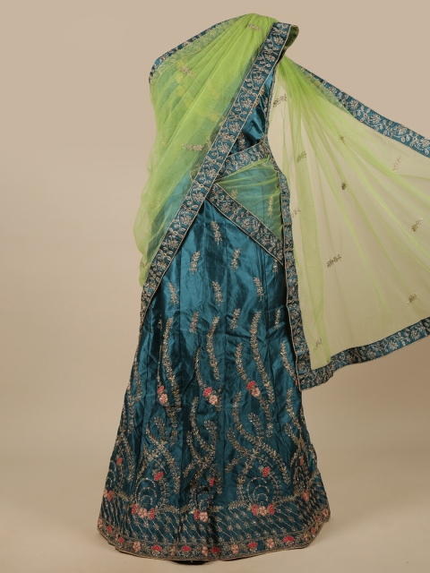 

Pothys Green & Blue Embroidered Unstitched Net Lehenga & Blouse With Dhavani