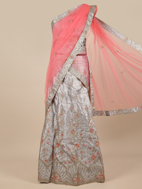 

Pothys Pink & Silver-Toned Embellished Unstitched Lehenga & Blouse With Dupatta