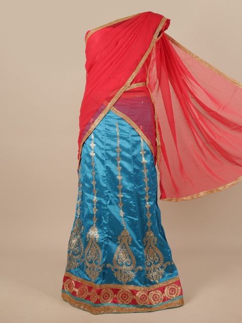 

Pothys Red & Blue Embroidered Unstitched Lehenga & Blouse With Dhavani
