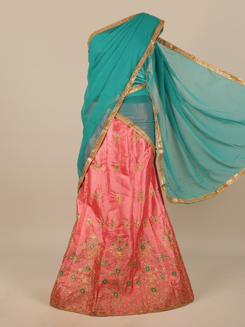 

Pothys Green & Peach-Coloured Embroidered Unstitched Lehenga & Blouse With Dupatta