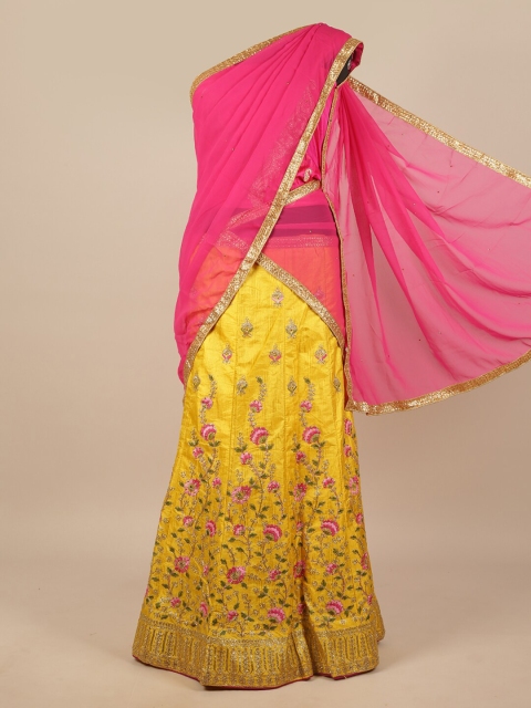 

Pothys Pink & Yellow Embroidered Unstitched Lehenga & Blouse With Dupatta