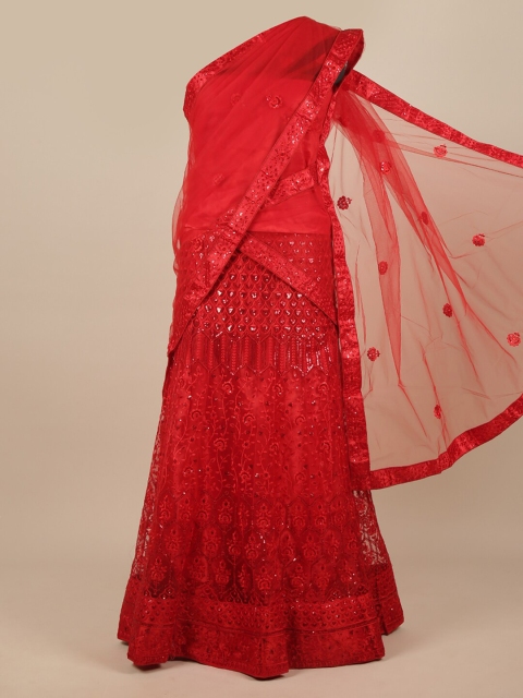 

Pothys Red Embroidered Sequinned Unstitched Lehenga & Blouse With Dupatta